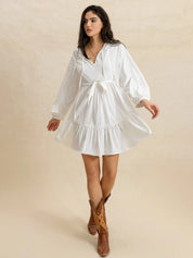 Tiered Tie Neck Long Sleeve Mini Dress | Daverri Fashions