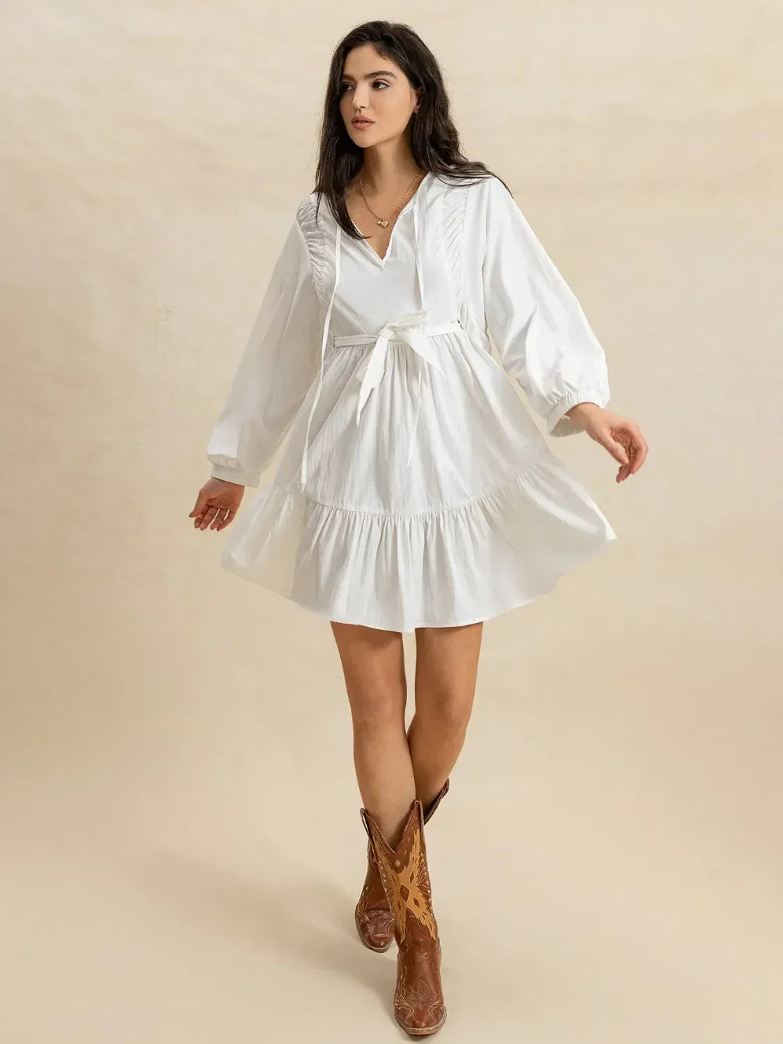 Tiered Tie Neck Long Sleeve Mini Dress - DAVERRI FASHIONS