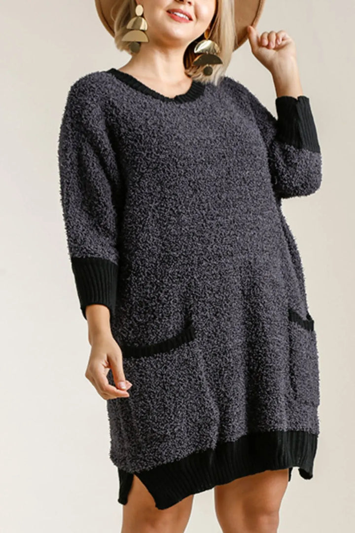 Umgee Full Size Ribbed Hem Round Neck 3/4 Sleeve Sweater Dress with Pockets Plus Size | Daverri Fashions