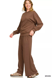 Zenana Scuba Crewneck Pullover and Pants Set Brown | Loungewear Sets Daverri Fashions