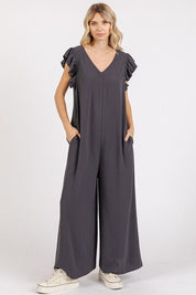 Mittoshop V-Neck Ruffled Cap Sleeve Wide Leg Jumpsuit Charcoal