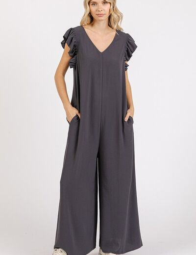 Mittoshop V-Neck Ruffled Cap Sleeve Wide Leg Jumpsuit Charcoal