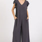 Mittoshop V-Neck Ruffled Cap Sleeve Wide Leg Jumpsuit Charcoal S