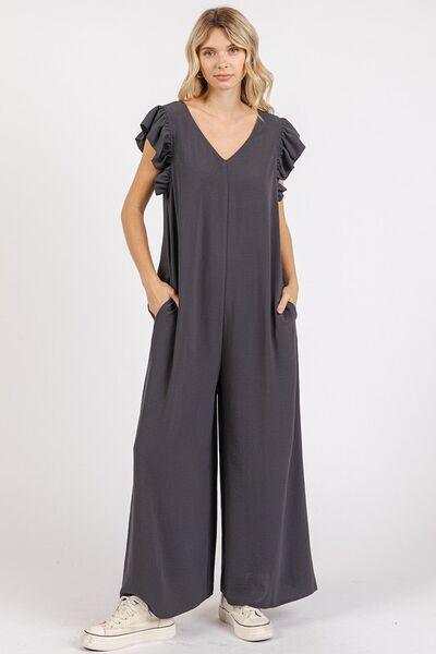 Mittoshop V-Neck Ruffled Cap Sleeve Wide Leg Jumpsuit Charcoal S