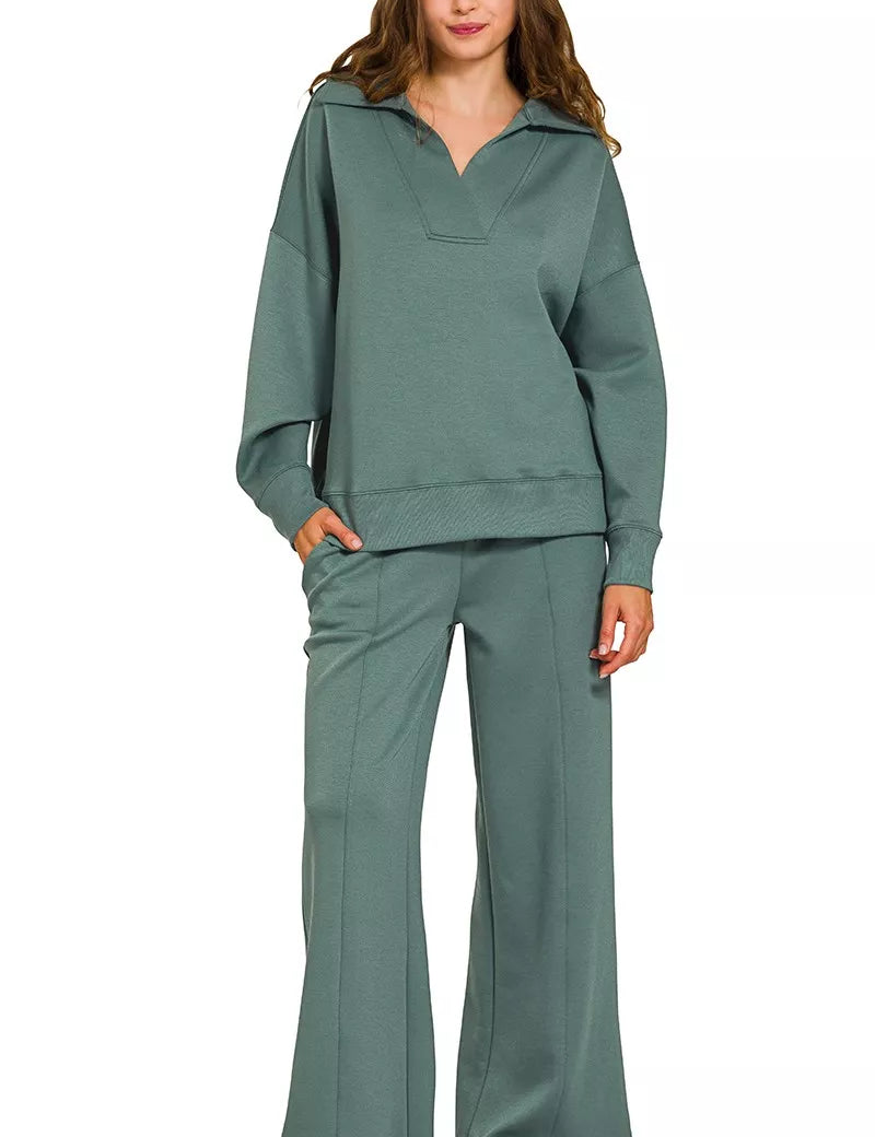 ASH JADE Zenana Scuba Collared Pullover and Pants Set | Daverri Fashions