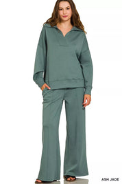 ASH JADE Zenana Scuba Collared Pullover and Pants Set | Daverri Fashions
