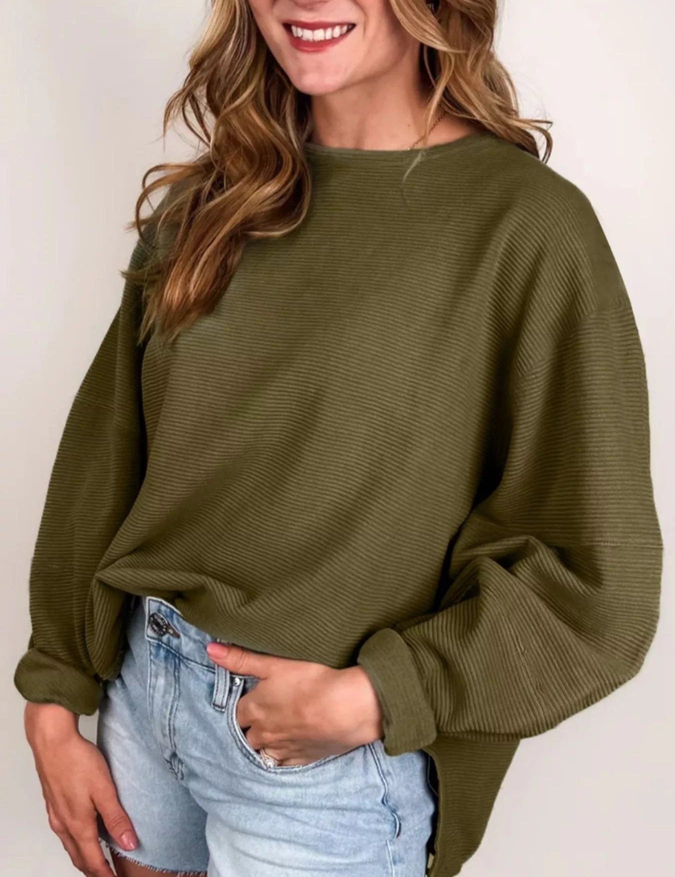 Army Green L Ribbed Knit Oversized Sweatshirt | Sweatshirts Daverri Fashions