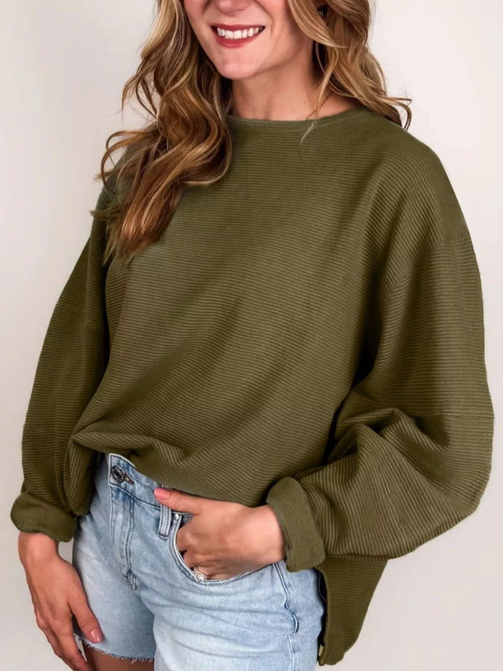 Army Green Ribbed Knit Oversized Sweatshirt | Sweatshirts Daverri Fashions