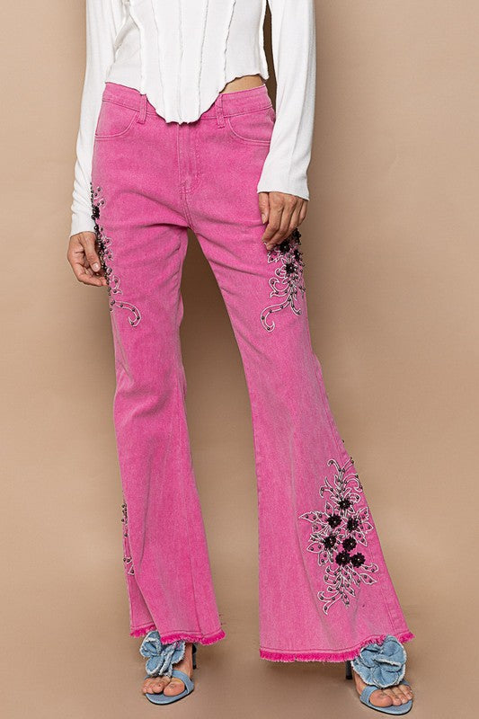 POL Raw Hem Embroidered Flare Pants Hot Pink