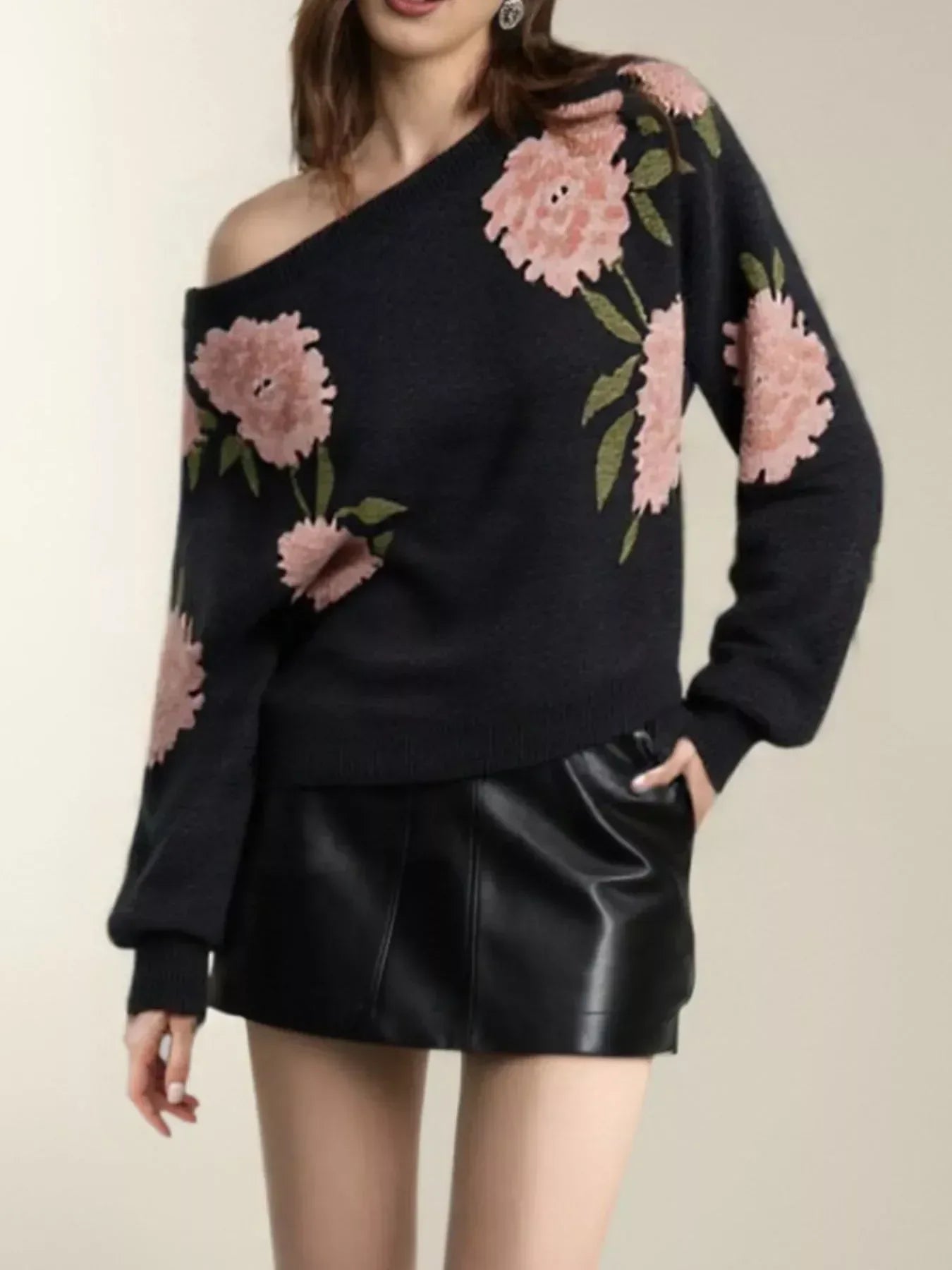 Floral Boat Neck Long Sleeve Sweater - DAVERRI FASHIONS