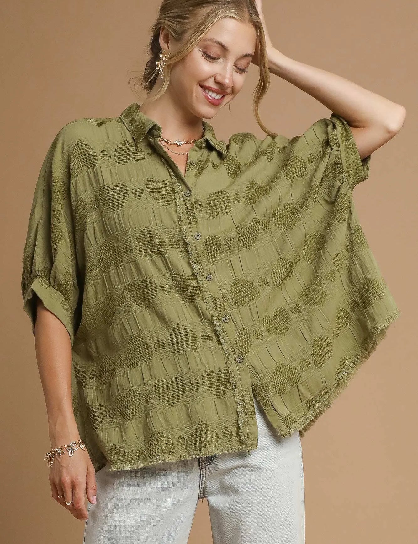 OLIVE GREEN Umgee Jacquard Heart Collared Shirt | Shirts Daverri Fashions