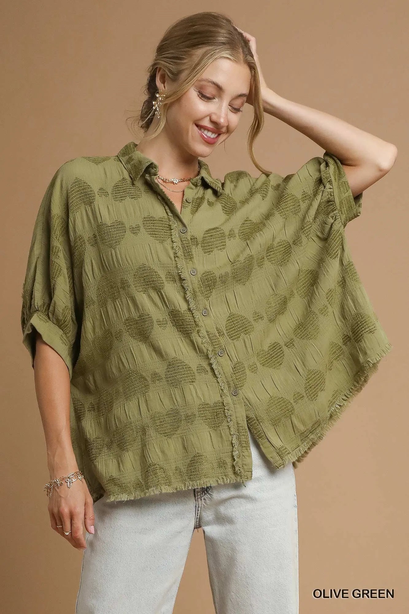 Umgee Jacquard Heart Collared Shirt OLIVE GREEN Shirts