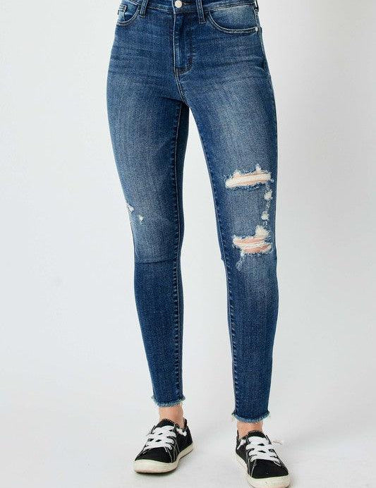 Dark Judy Blue Full Size High Waist Distressed Skinny Jeans | Jeans Daverri Fashions