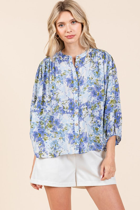 Mittoshop Flower Print Batwing Sleeve Button Down Blouse Blue