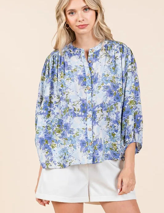 Blue Mittoshop Flower Print Batwing Sleeve Button Down Blouse | Blouses Daverri Fashions