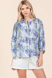 Mittoshop Flower Print Batwing Sleeve Button Down Blouse Blue Blouses