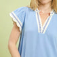 Umgee light blue scallop trim top with navy stripes