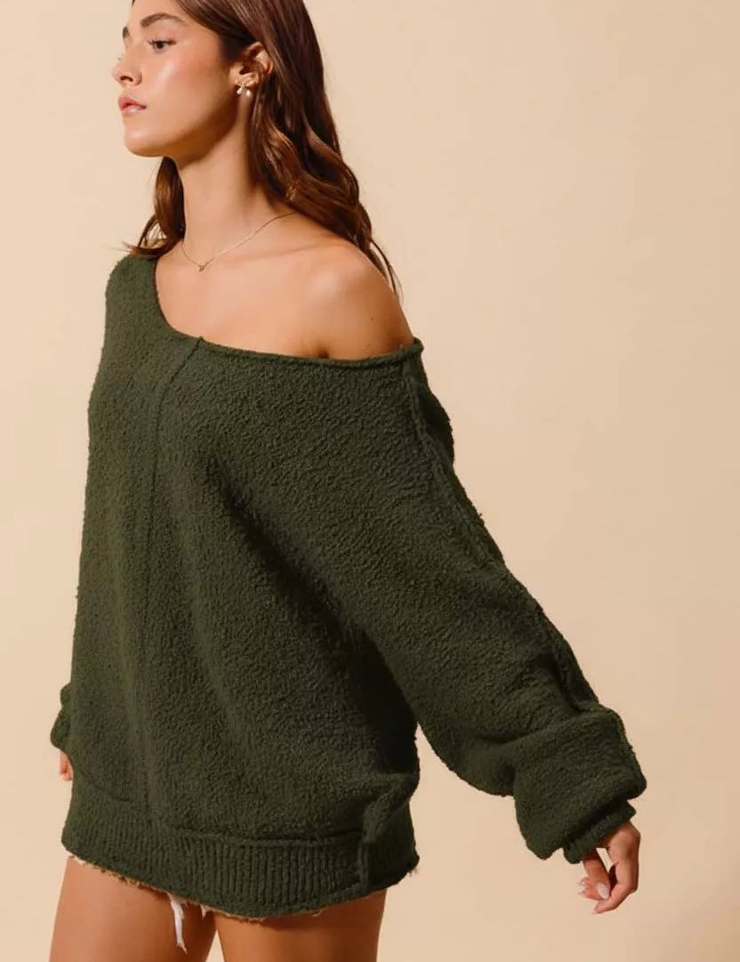 SO ME Loose Fit Exposed Seam Slouchy Boucle Sweater Olive | Sweaters Daverri Fashions