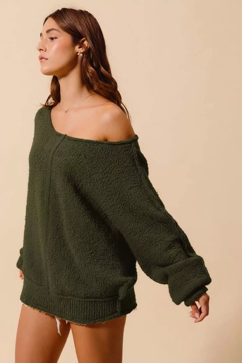 SO ME Loose Fit Exposed Seam Slouchy Boucle Sweater Olive | Sweaters Daverri Fashions