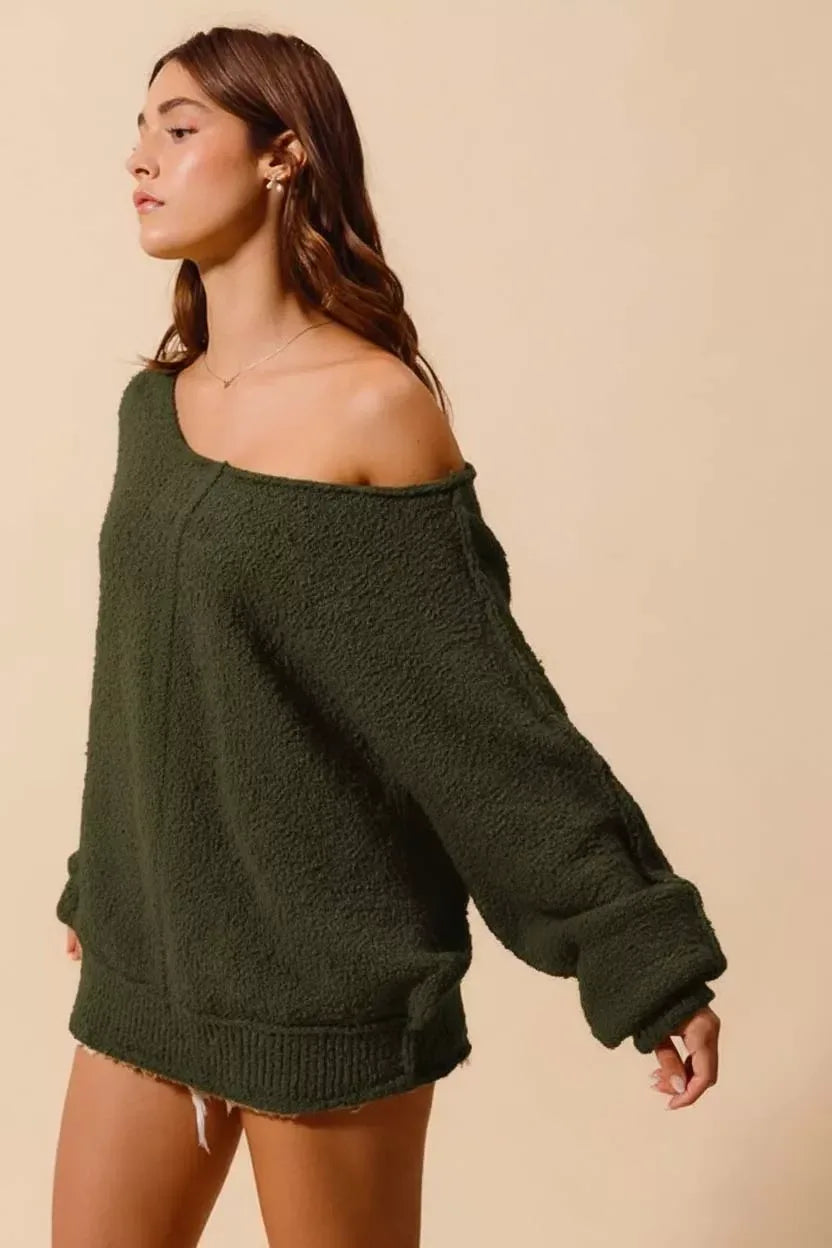 SO ME Loose Fit Exposed Seam Slouchy Boucle Sweater Olive - DAVERRI FASHIONS