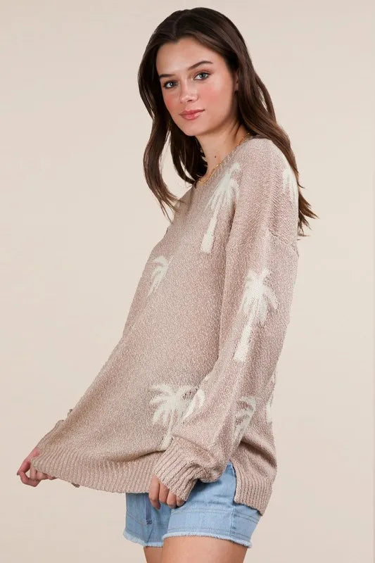 VERY J Palm Tree Graphic Oversized Knit Sweater Sweaters