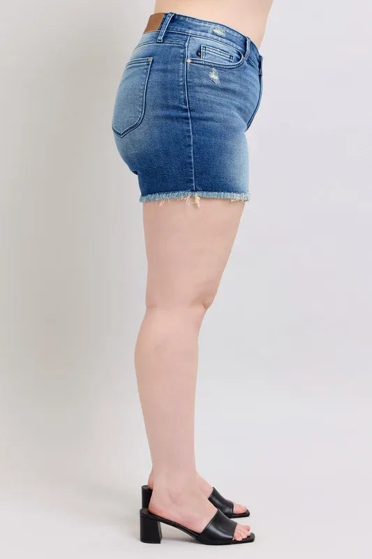 Judy Blue Full Size V-Front Denim Shorts with Shield Pockets Plus Size | Daverri Fashions
