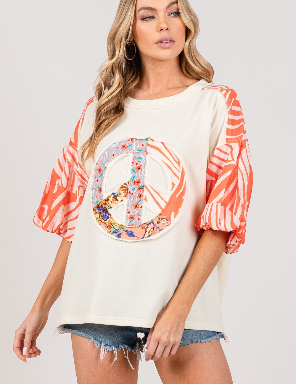 SAGE + FIG Peace Applique Patch with Zebra Print Contrast Top Tangerine