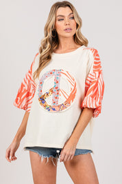 SAGE + FIG Peace Applique Patch with Zebra Print Contrast Top Tangerine