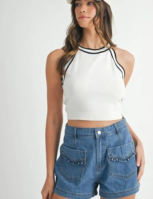 OFF WHITE S MABLE Contrast Trim Grecian Neck Cropped Tank | Crop Tops Daverri Fashions