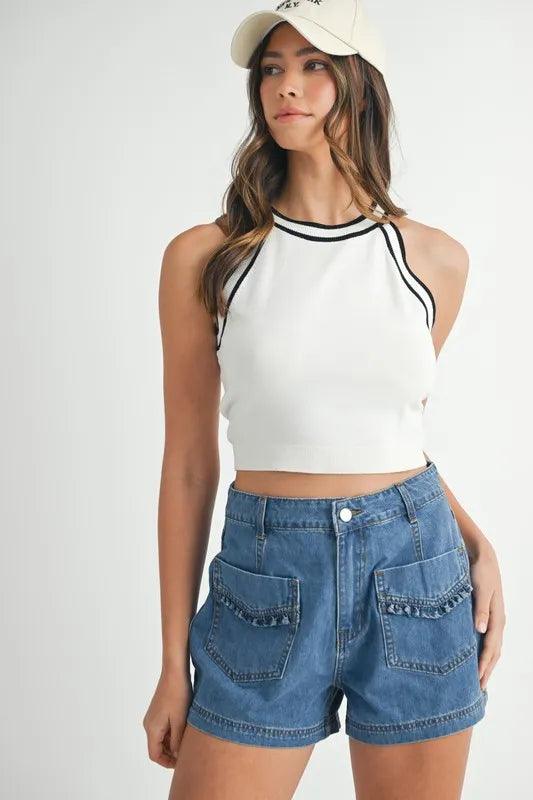OFF WHITE S MABLE Contrast Trim Grecian Neck Cropped Tank | Crop Tops Daverri Fashions