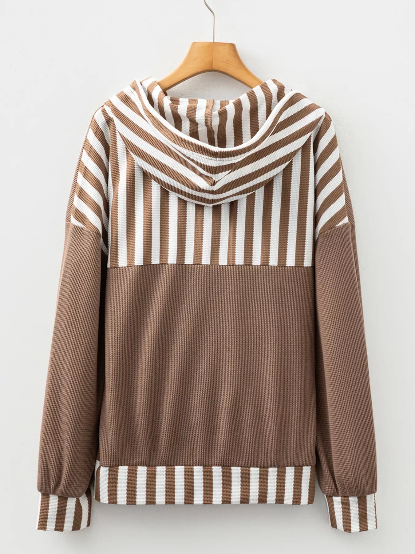 Waffle Texture Striped Patchwork Button Neck Drawstring Hoodie | Hoodies Daverri Fashions