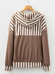 Waffle Texture Striped Patchwork Button Neck Drawstring Hoodie | Hoodies Daverri Fashions