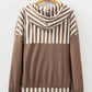 Waffle Texture Striped Patchwork Button Neck Drawstring Hoodie - DAVERRI FASHIONS