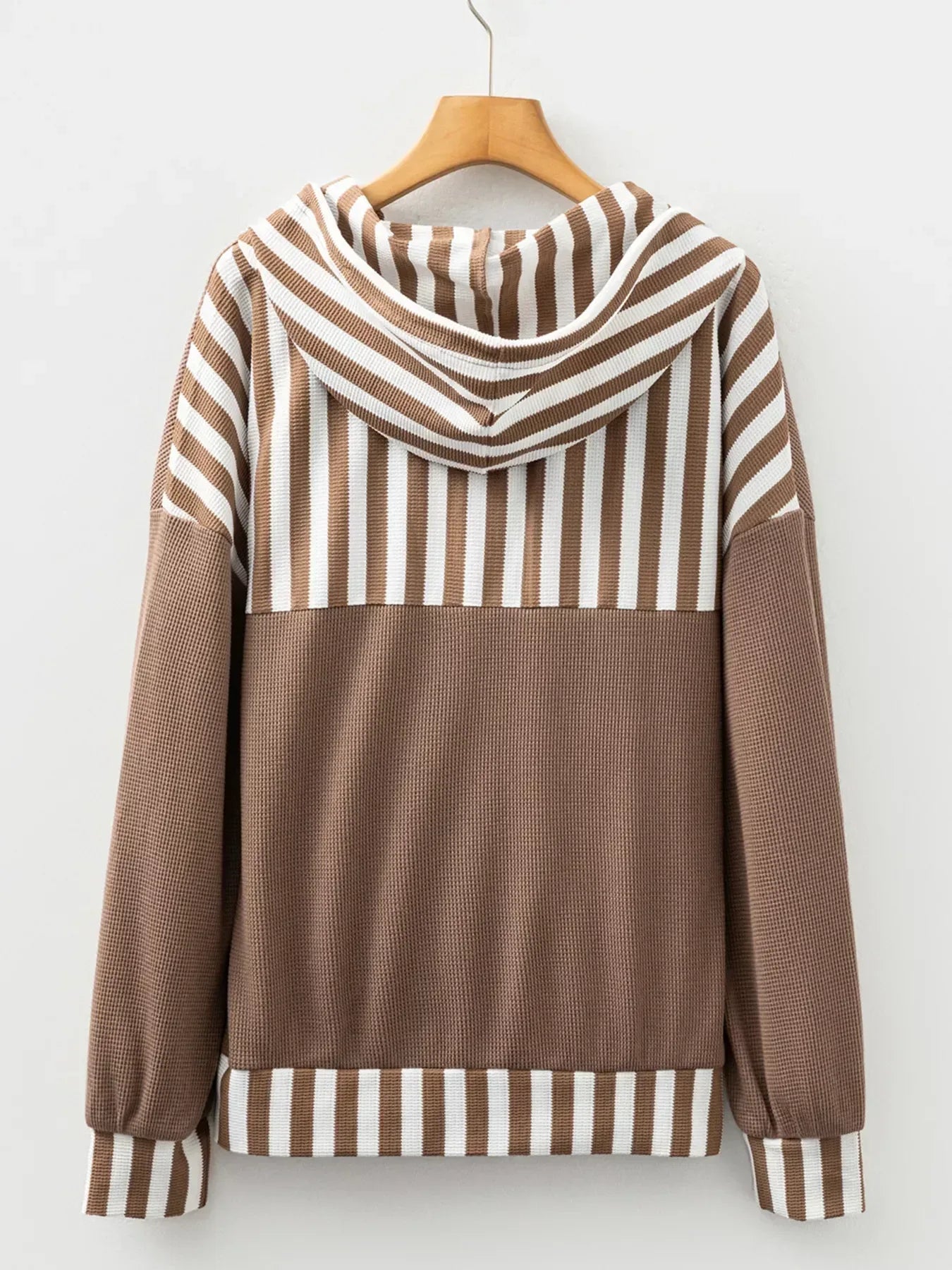 Waffle Texture Striped Patchwork Button Neck Drawstring Hoodie - DAVERRI FASHIONS