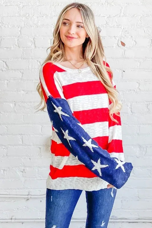 And The Why American Flag Long Sleeve Sweater - DAVERRI FASHIONS