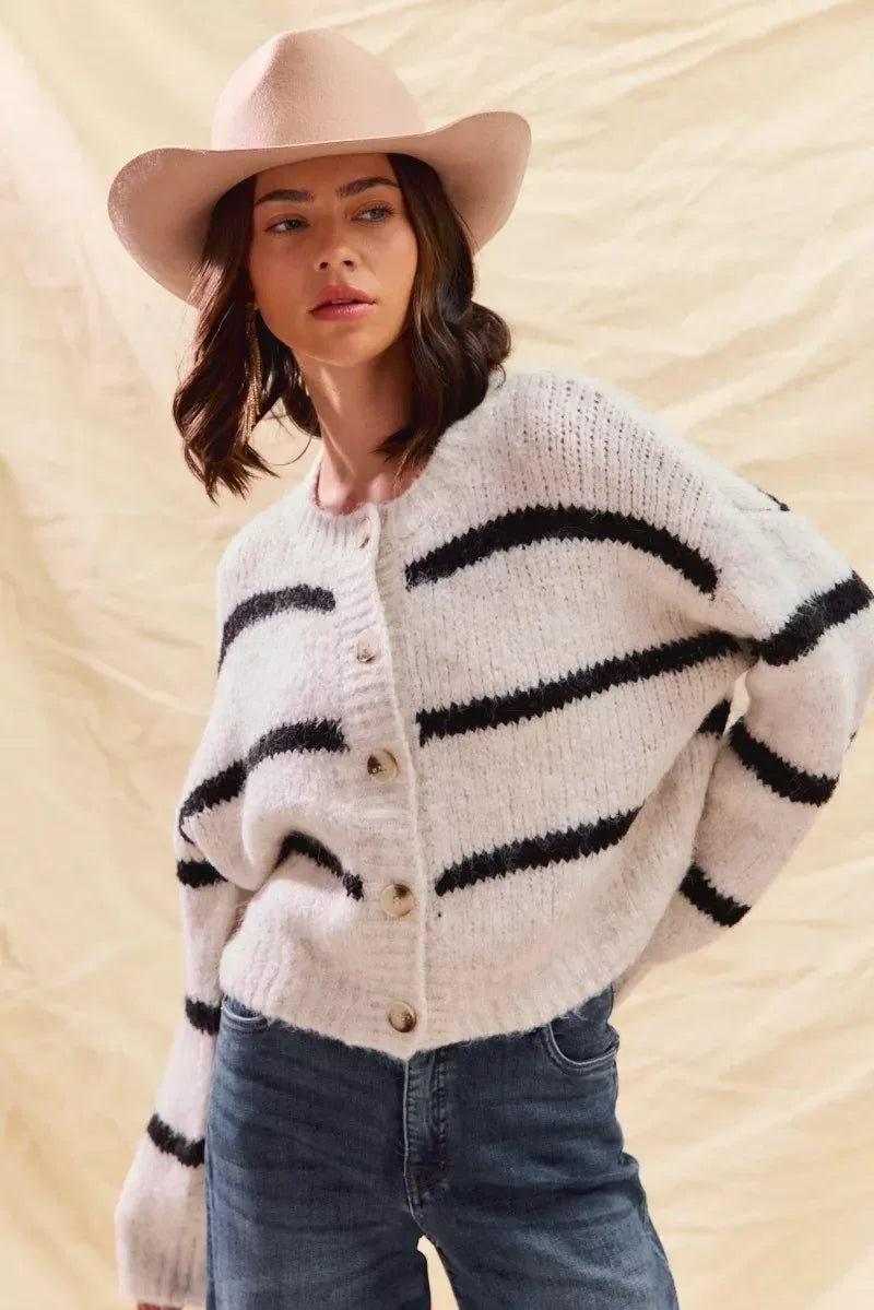 SO ME Stripe Soft Touch Button Cozy Sweater Cardigan - DAVERRI FASHIONS