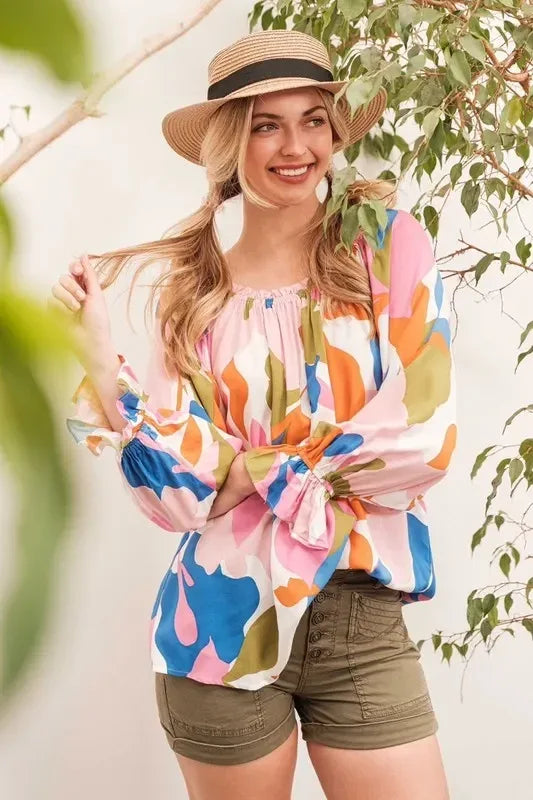 Lime 'N' Chili Abstract Print Off-the-shoulder Long Sleeve Top - DAVERRI FASHIONS