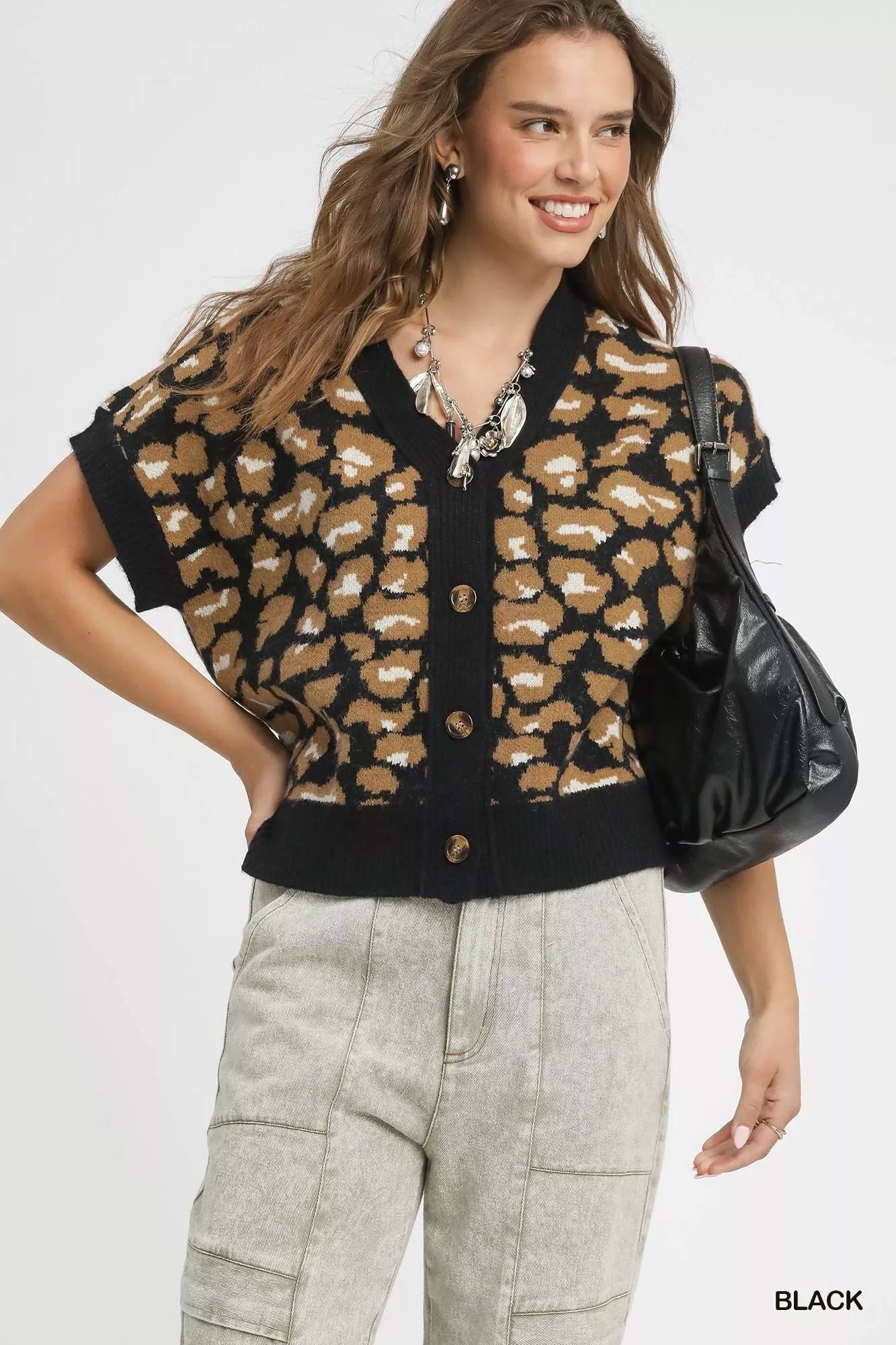 Black Umgee Leopard Button Down Short Sleeve Cardigan | Cardigans Daverri Fashions