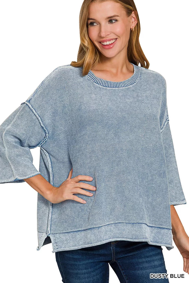 Zenana Washed dusty blue textured knit boxy sweater with 3/4 sleeves