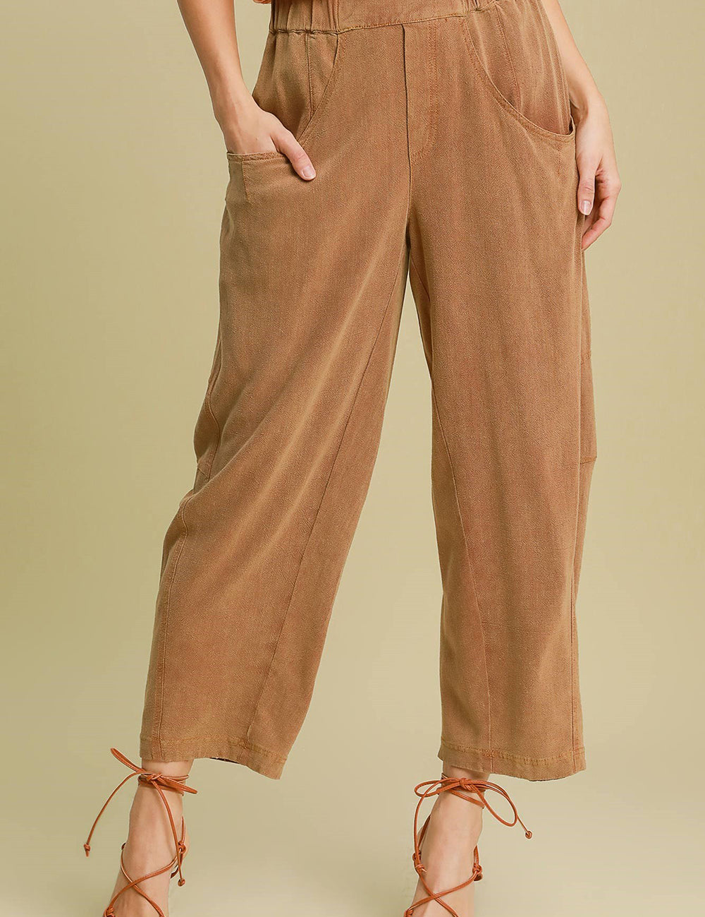 Umgee Elastic Waist Baggy Fit Pants with Pockets Caramel Pants