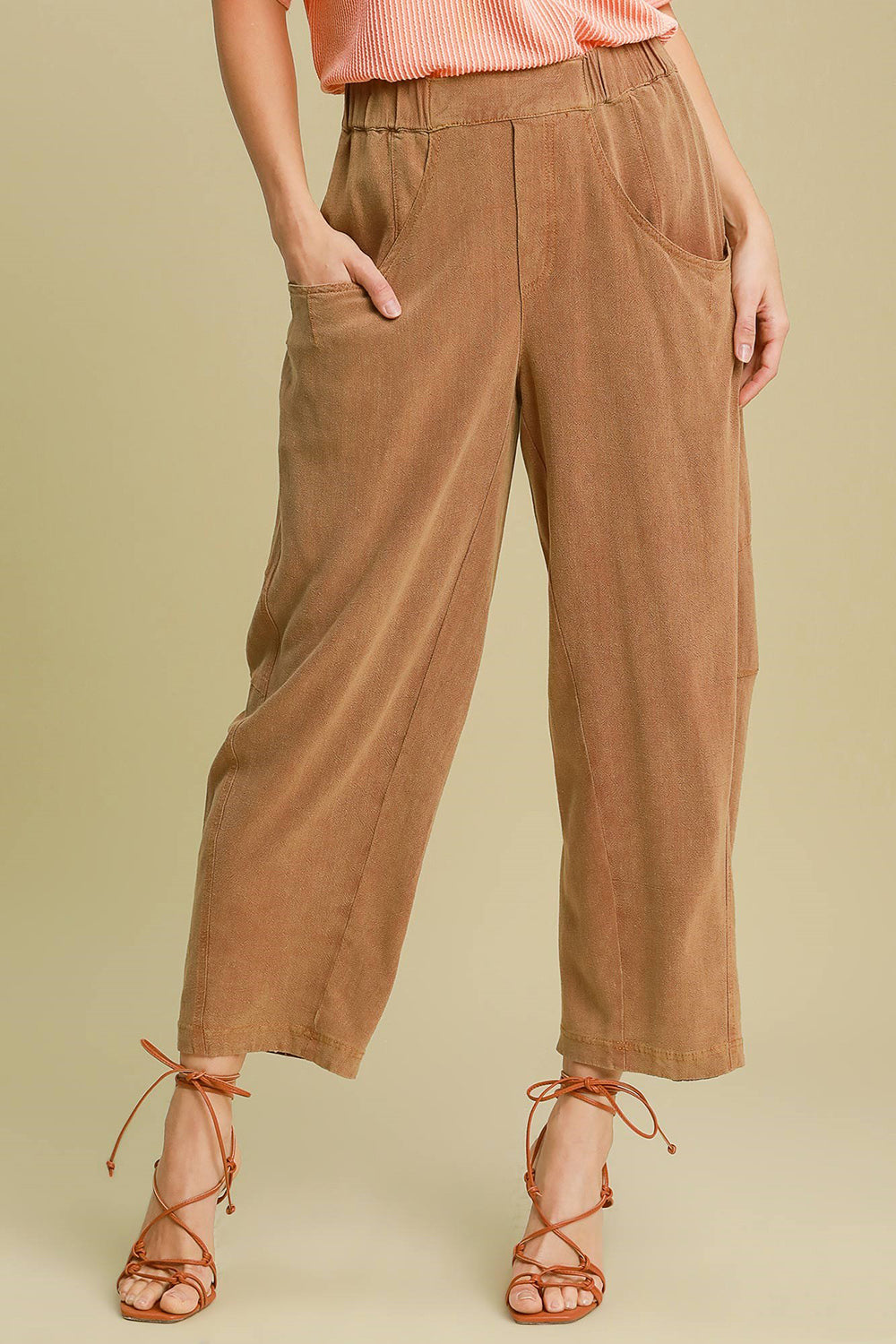 Umgee Elastic Waist Baggy Fit Pants with Pockets Caramel Pants