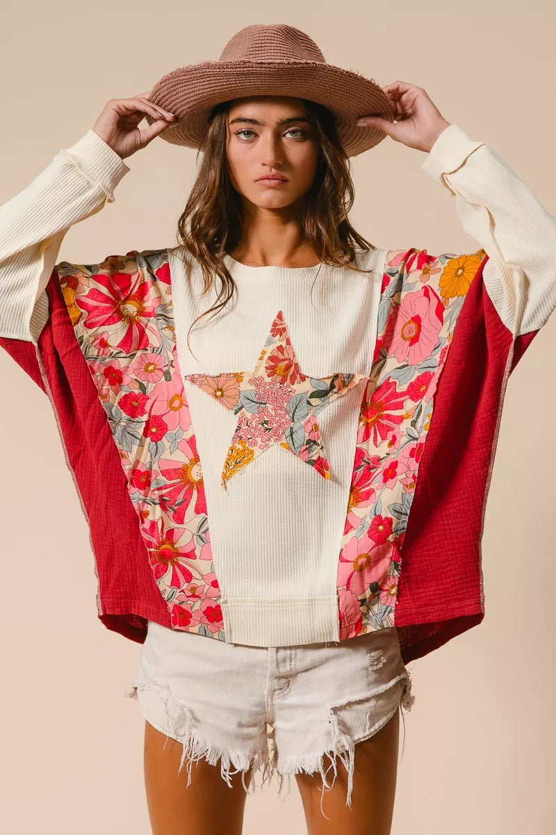 BiBi red floral kimono sweatshirt with star patchwork and white sleeves