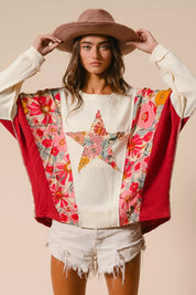 BiBi red floral kimono sweatshirt with star patchwork and white sleeves