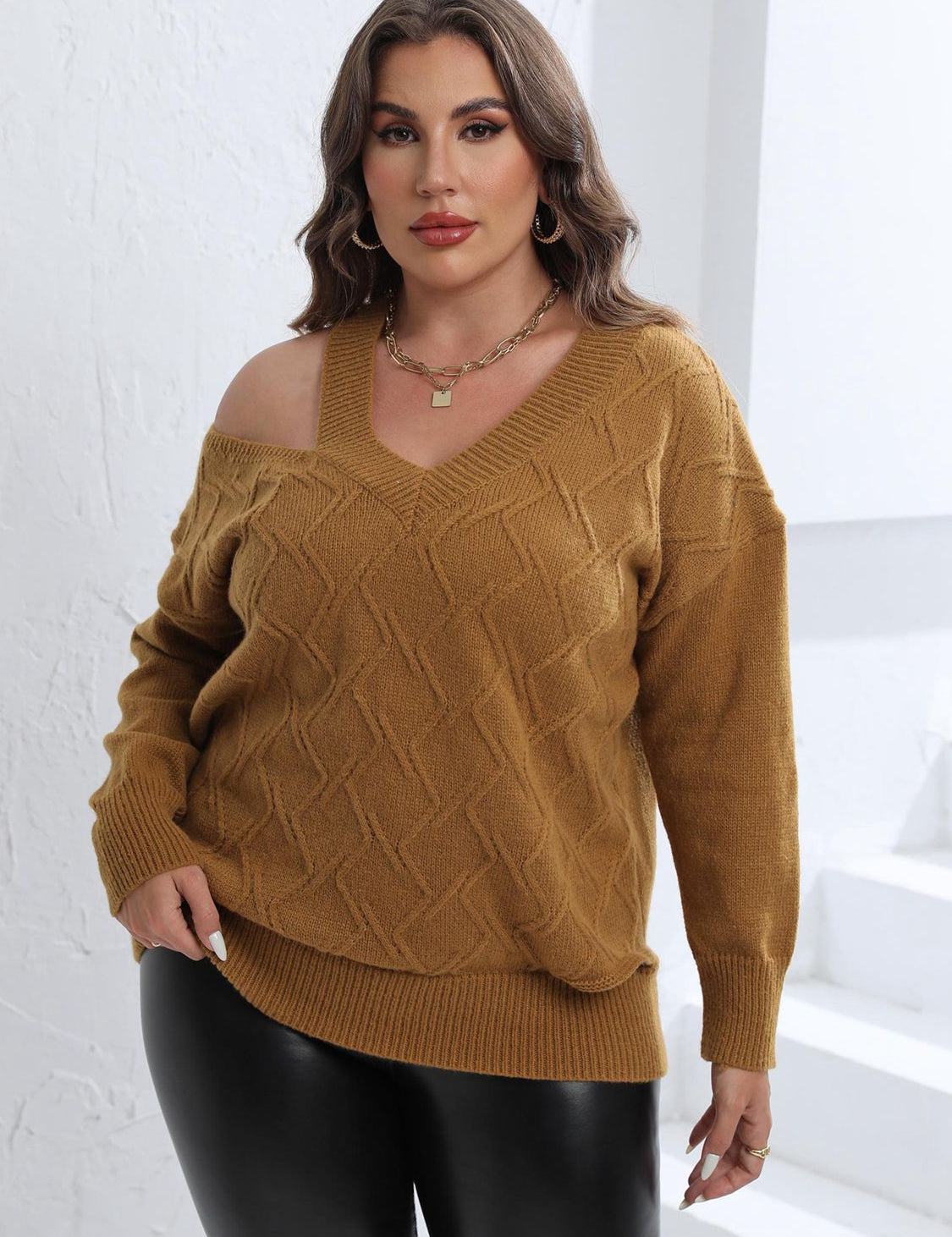Plus size mustard yellow cable knit off-shoulder V-neck sweater with chain necklace