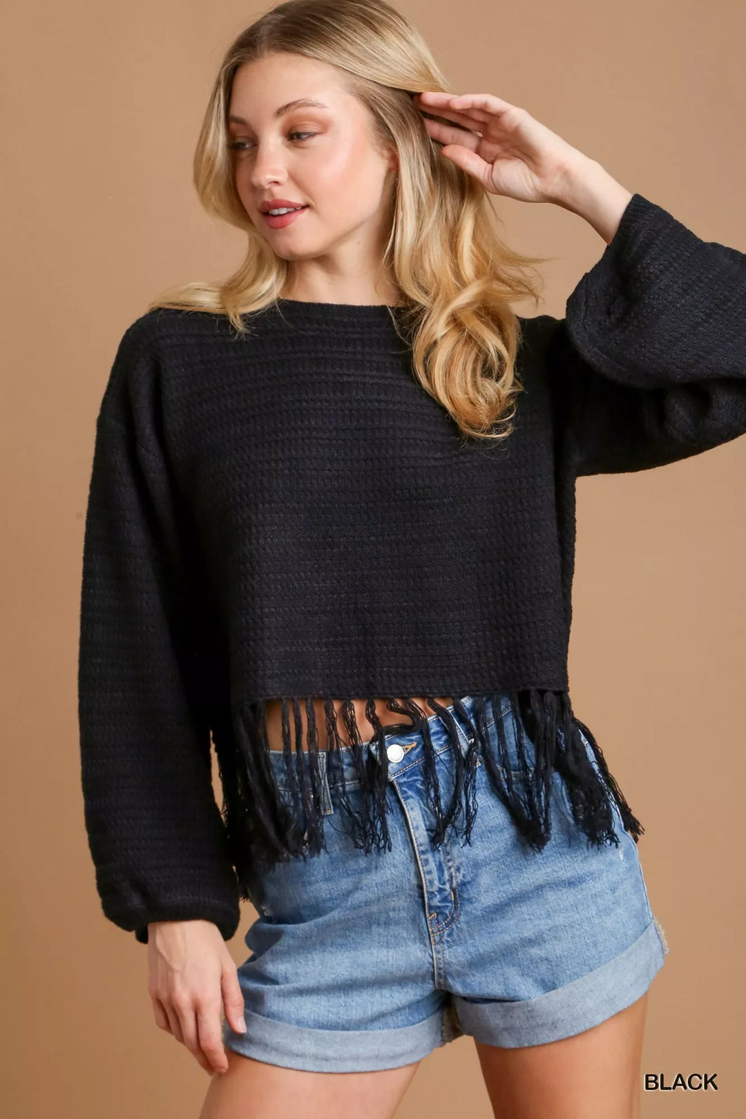 Black Umgee Crochet Knit Crop Top with Frey Hem | Knit Tops Daverri Fashions