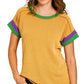 Zenana Mardi Gras mustard ribbed top with striped cuffs