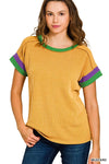 Zenana Mardi Gras mustard ribbed top with striped cuffs