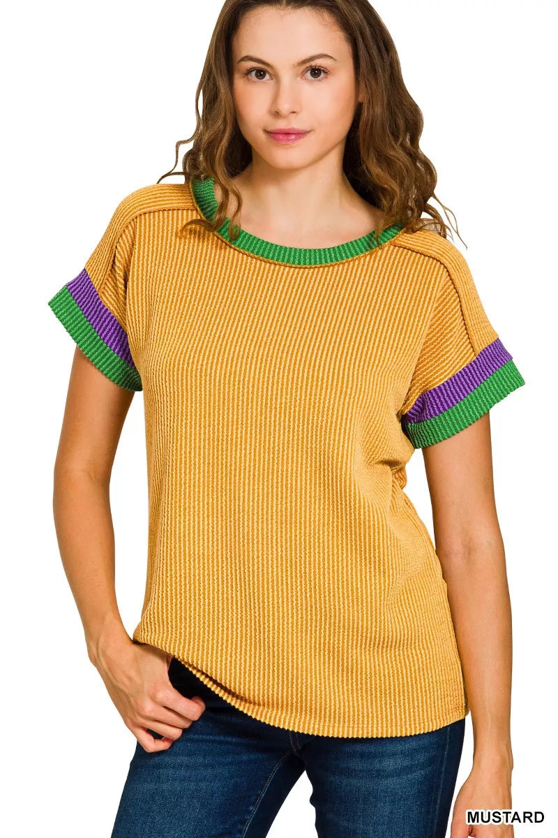 Zenana Mardi Gras mustard ribbed top with striped cuffs