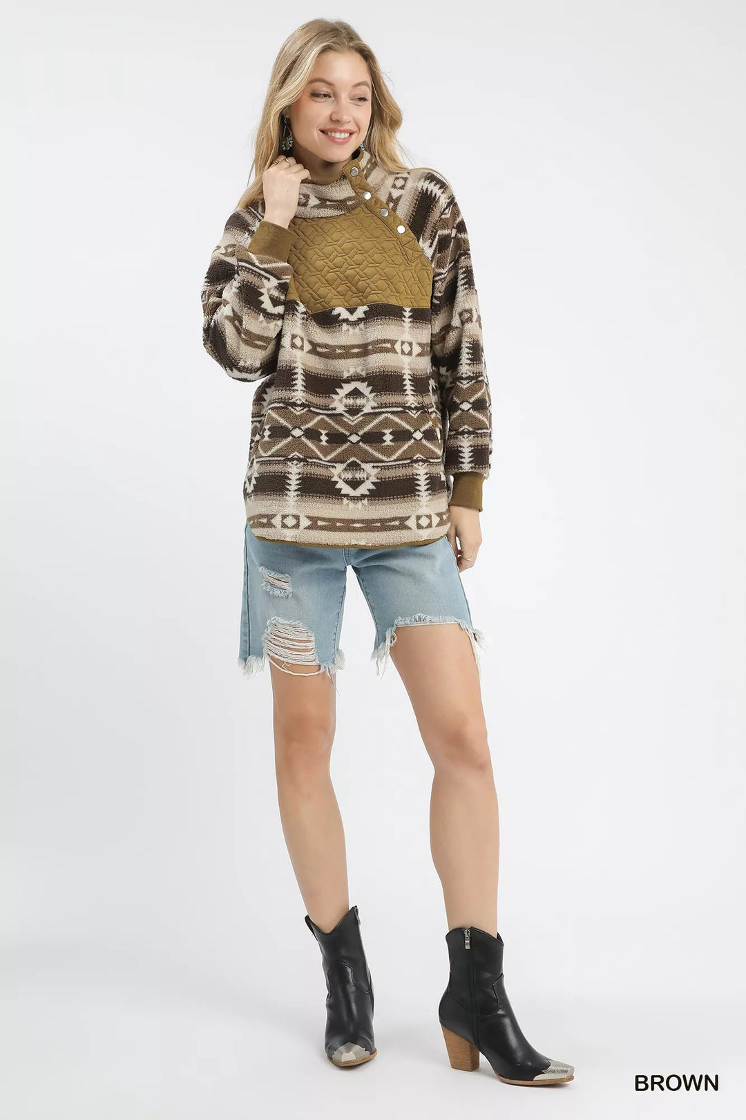 Umgee Aztec Print Sherpa Pullover | Tops Daverri Fashions