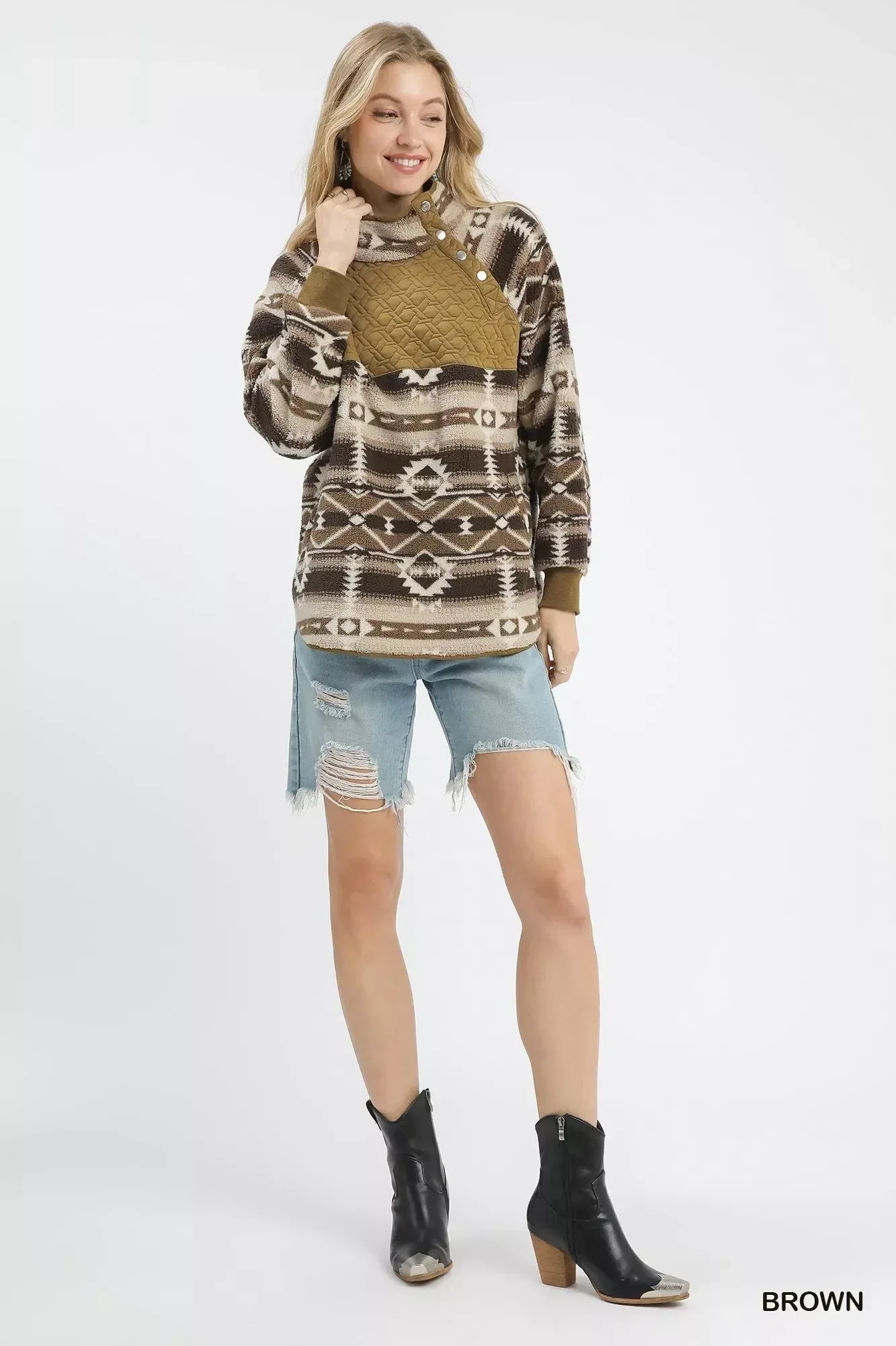 Umgee Aztec Print Sherpa Pullover - DAVERRI FASHIONS